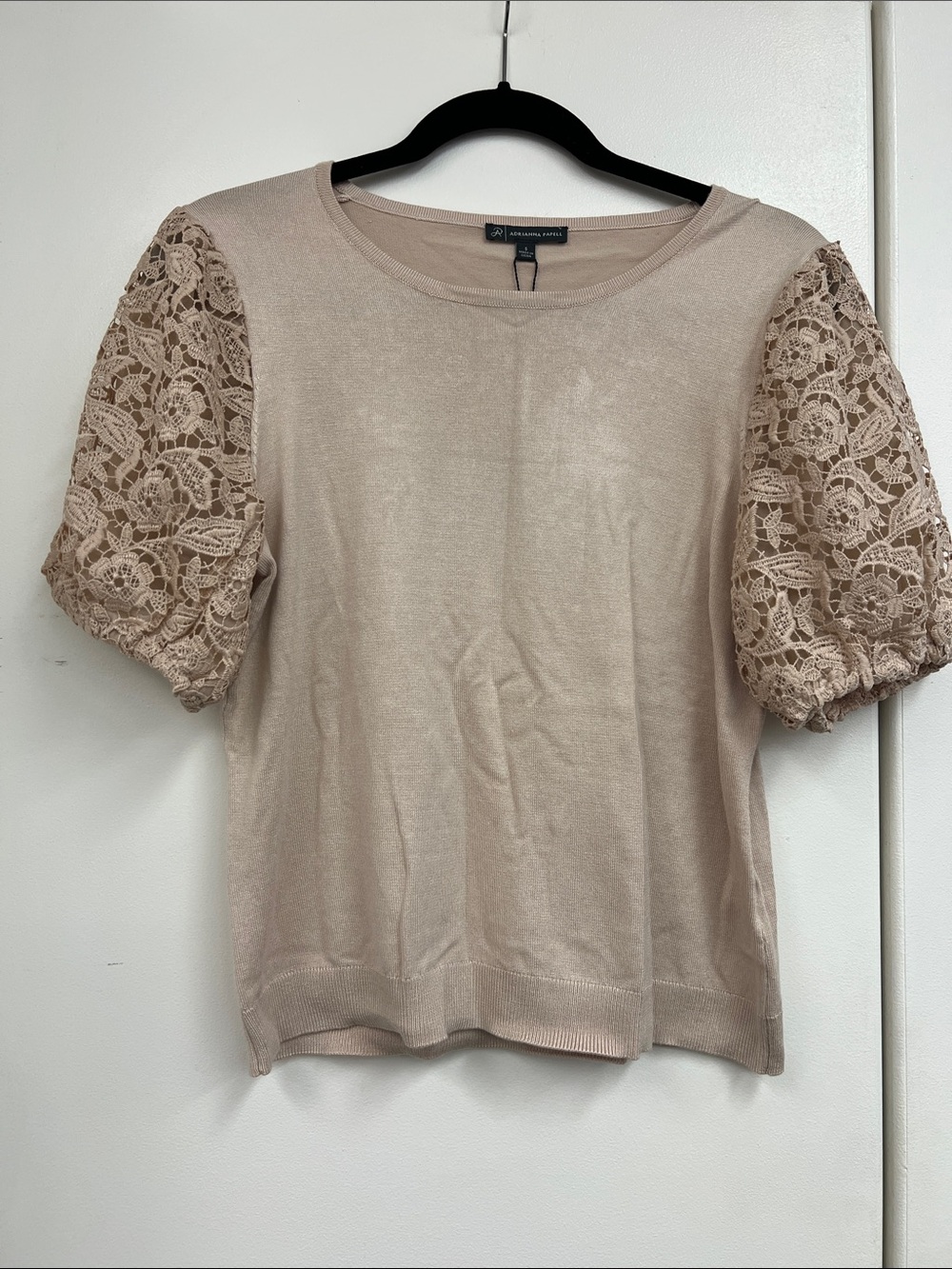 Adrienne Vittadini Champagne Beige Nude Lace Puff-Sleeve Knit Tee Blouse Shirt